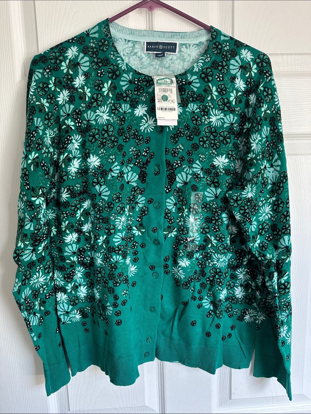 Karen Scott Teal Green Floral Button-Front Cardigan